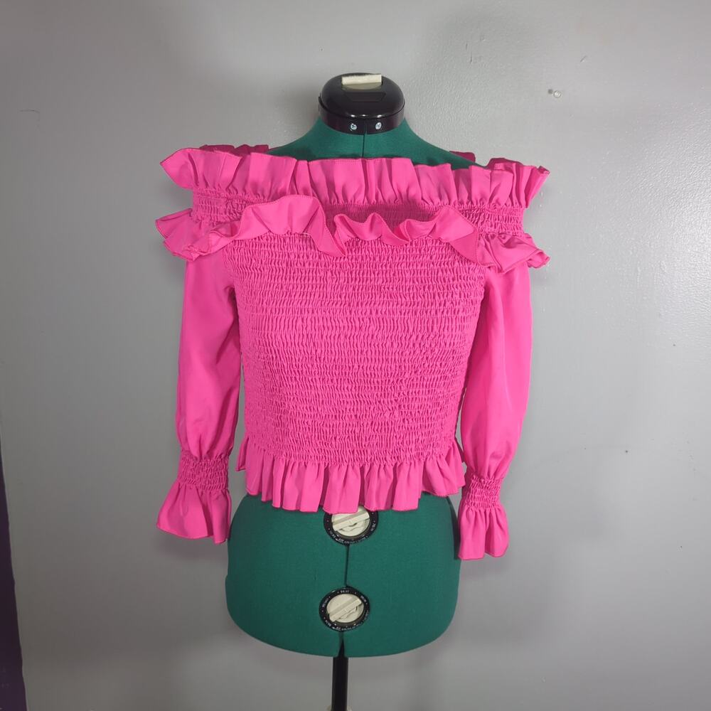 Hot Pink Smocked Off Shoulder Ruffle Crop Top Coquette Y2K XS/S